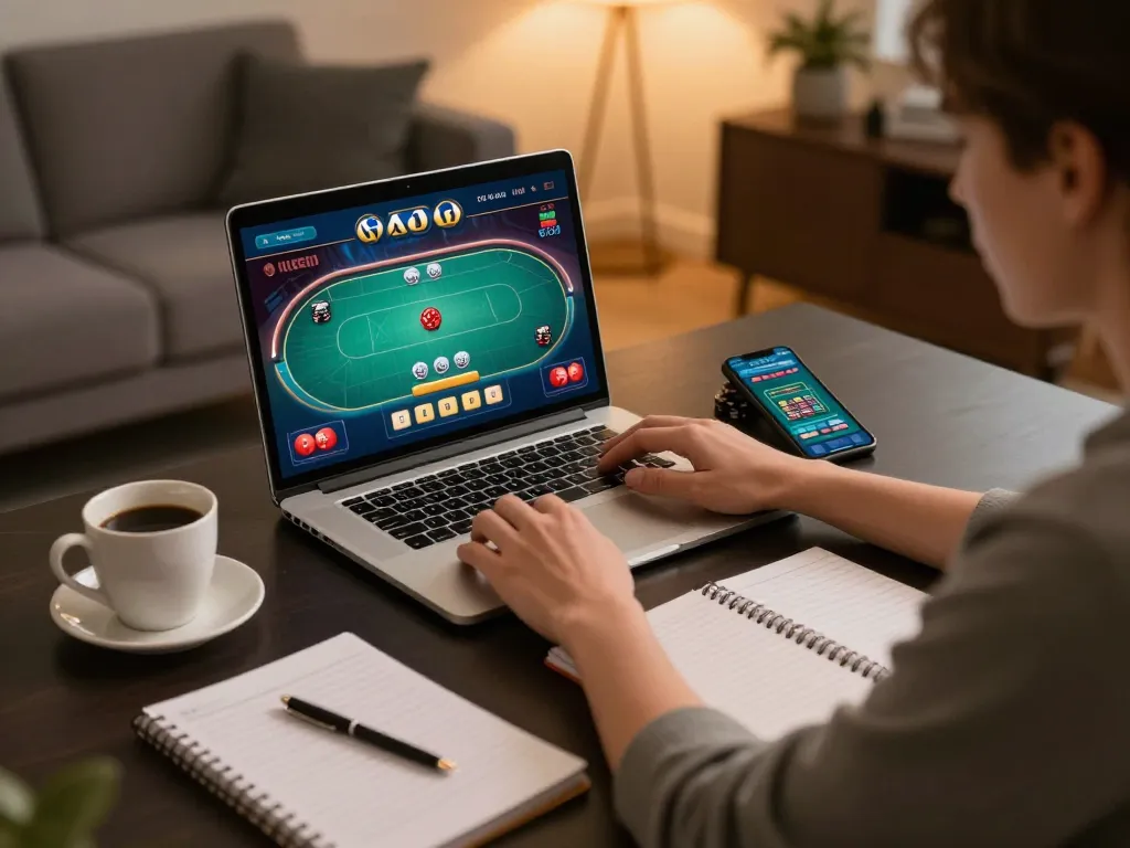 Person engaging in responsible online gambling through Luck8 đăng nhập on a laptop.