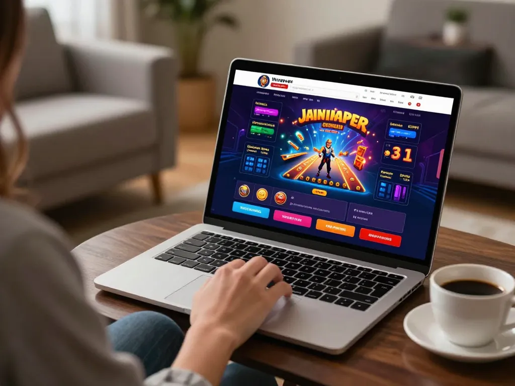 Engaging with the okking1 online casino on a laptop, showcasing vibrant gaming graphics and a cozy home setup.