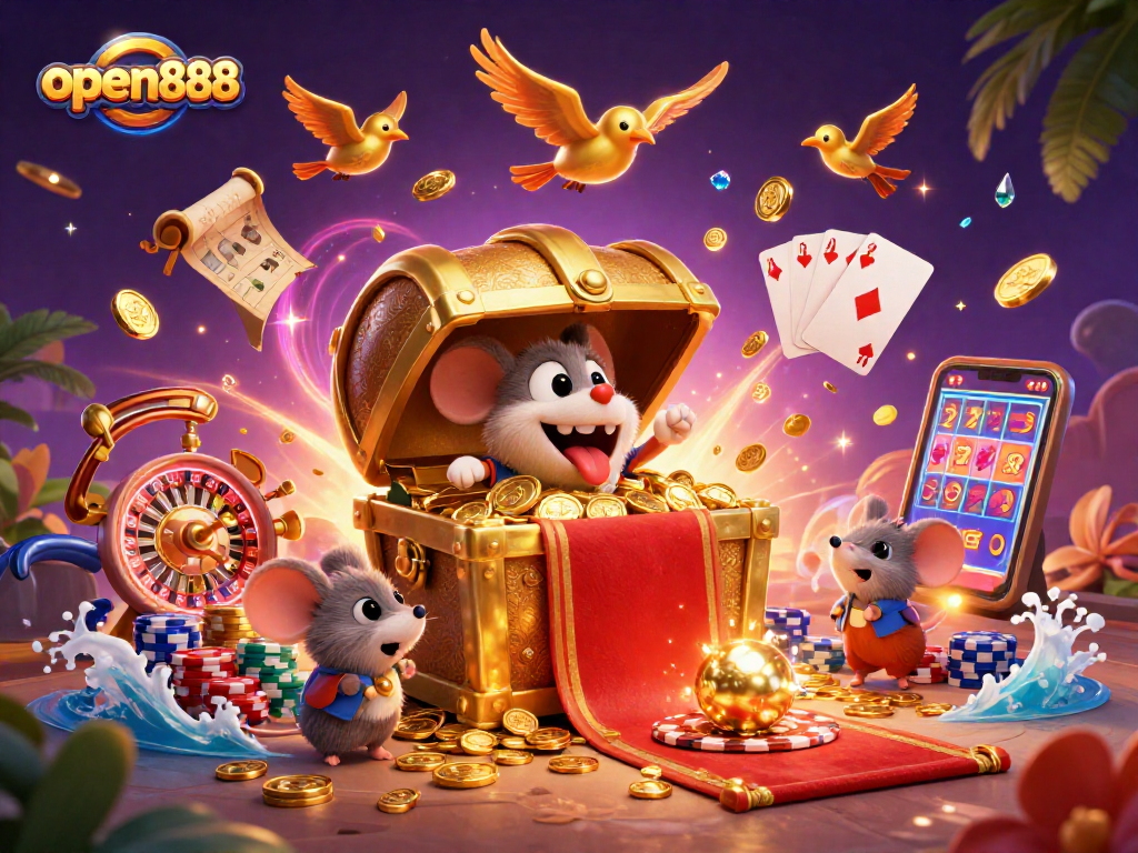 Engage with open888's thrilling gaming elements through vibrant 3D casino illustration and interactive adventures.