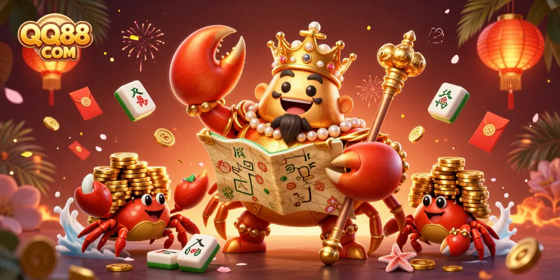 Engage with QQ88 COM's thrilling casino atmosphere featuring a golden crab emperor amid vibrant game elements.