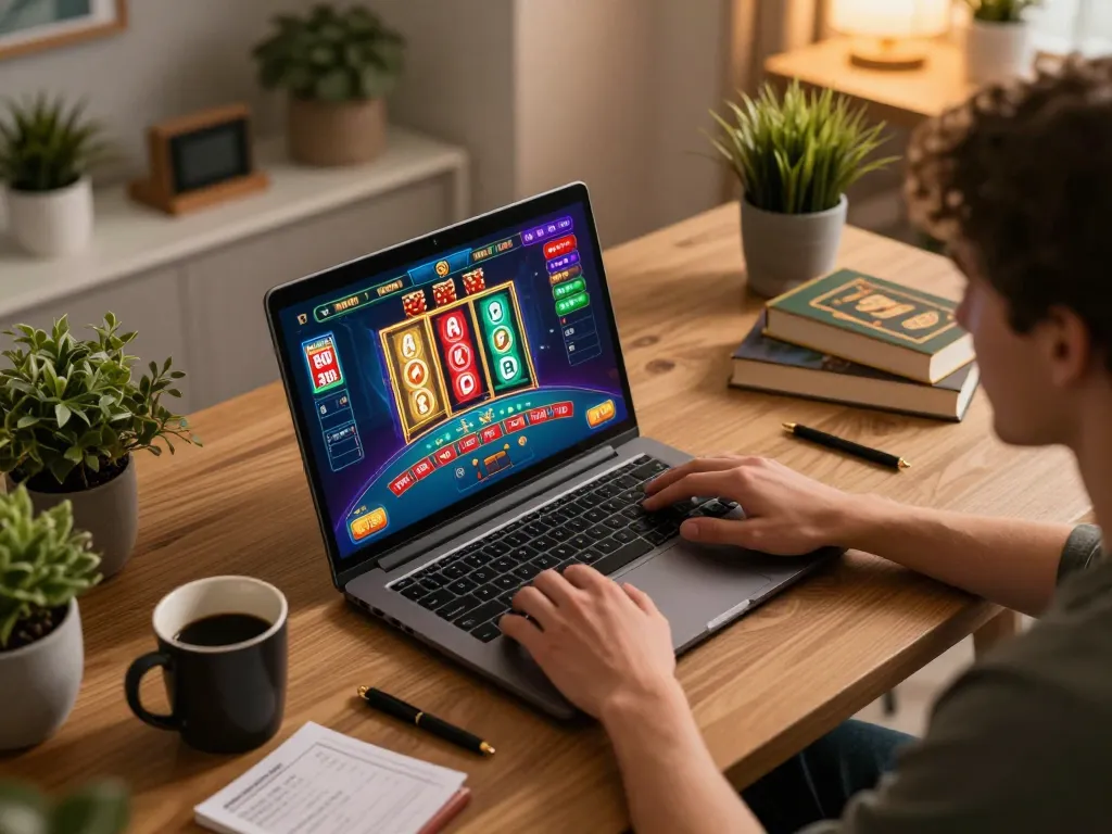 Terlibat dalam judi online yang strategis, pengaturan permainan tjroeng yang memamerkan antarmuka poker di laptop