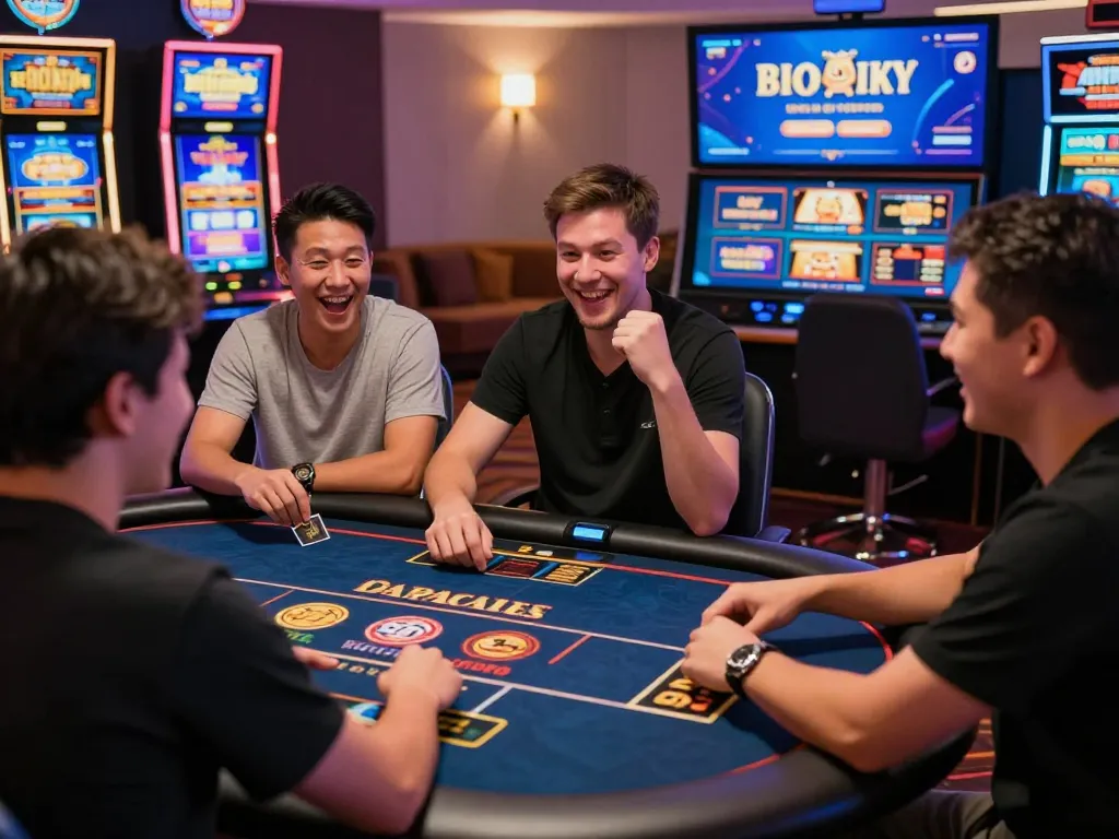 Interactive online gaming experience at https://32win.agency/ featuring players engaged in live dealer games and vibrant slot machines.