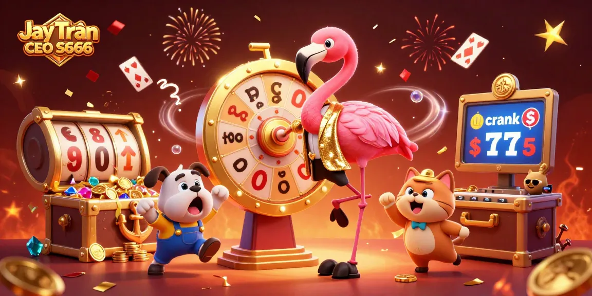 Action-packed scene illustrating Jay Trần CEO S666 with a prize wheel and slots, celebrating wins in a lively casino atmosphere.