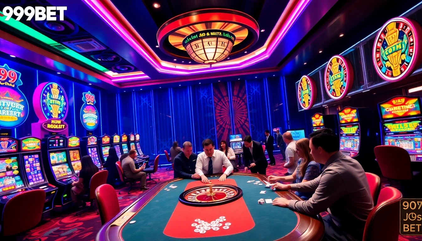 Experience the excitement of 999BET with players at a bustling casino table, cards and chips in play.