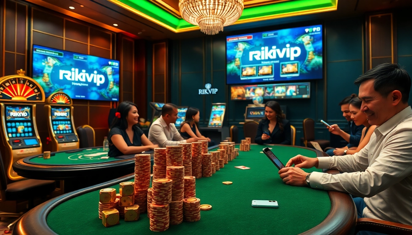 Immerse in the excitement of Rikvip's casino atmosphere with players at poker tables.