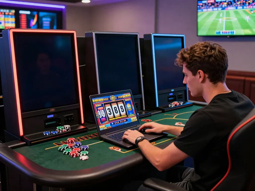 A player enjoying an exciting online gambling experience with akunjp, laptop displaying vibrant slot machine graphics and poker chips on a stylish table.