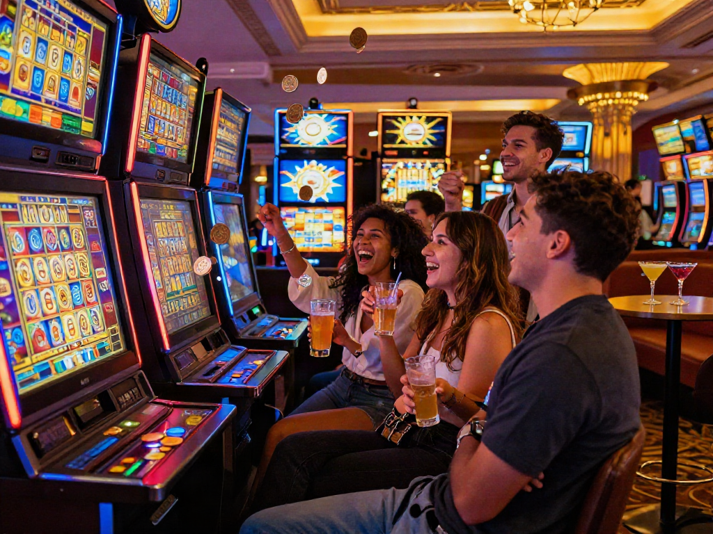 Friends celebrating a slot win in a vibrant casino atmosphere.