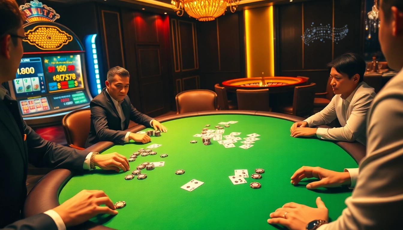 Engaging scene of Lô Đề Trực Tuyến players at a poker table, surrounded by vibrant casino elements.