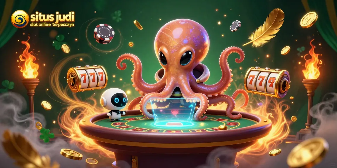 Engage with situs judi slot online terpercaya through an exciting 3D illustration featuring a gaming octopus and robot amidst vibrant casino elements.