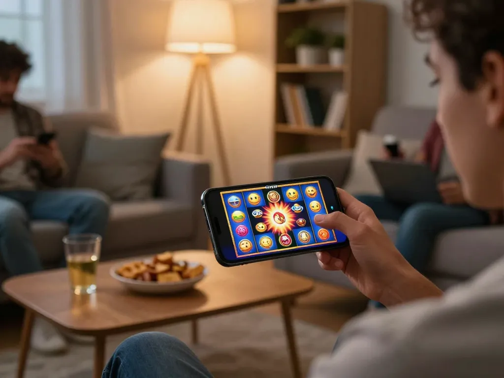 Seorang pemain menikmati permainan slot aman788 di smartphone di ruang tamu yang nyaman, dengan gulungan yang berwarna-warni ditampilkan.