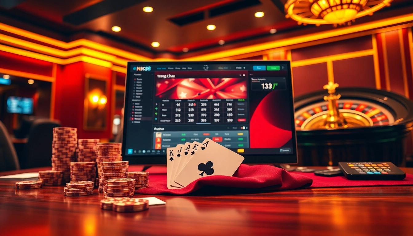 Engaging trang chủ NK88 interface displaying professional online betting with poker chips and roulette wheel