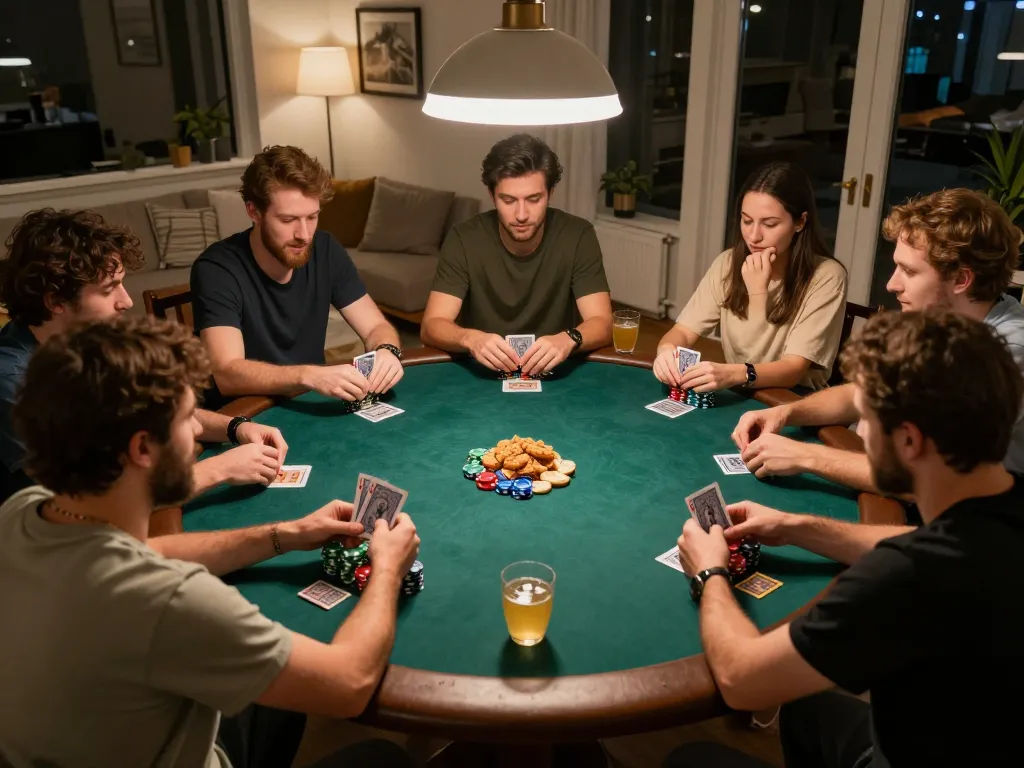 Malam poker di rumah yang menarik menunjukkan teman-teman bermain kartu dan bertaruh, menangkap esensi WOLES88 dalam suasana yang nyaman.