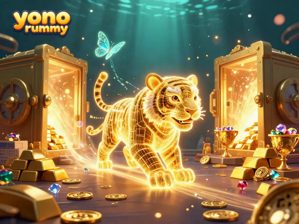 Menggambarkan aksi permainan yono rummy dalam ilustrasi 3D dengan harimau emas dan komponen digital.