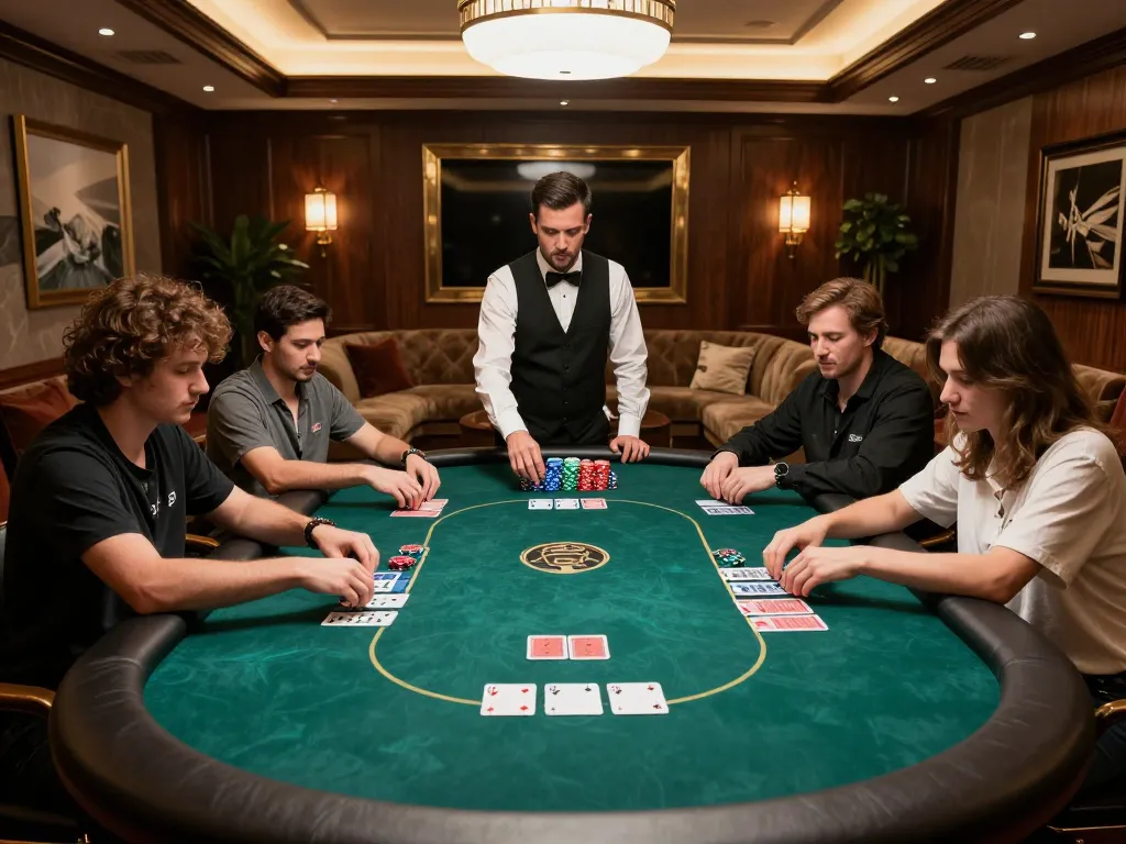 FB88 players strategically betting in a luxurious VIP poker room with professional dealer