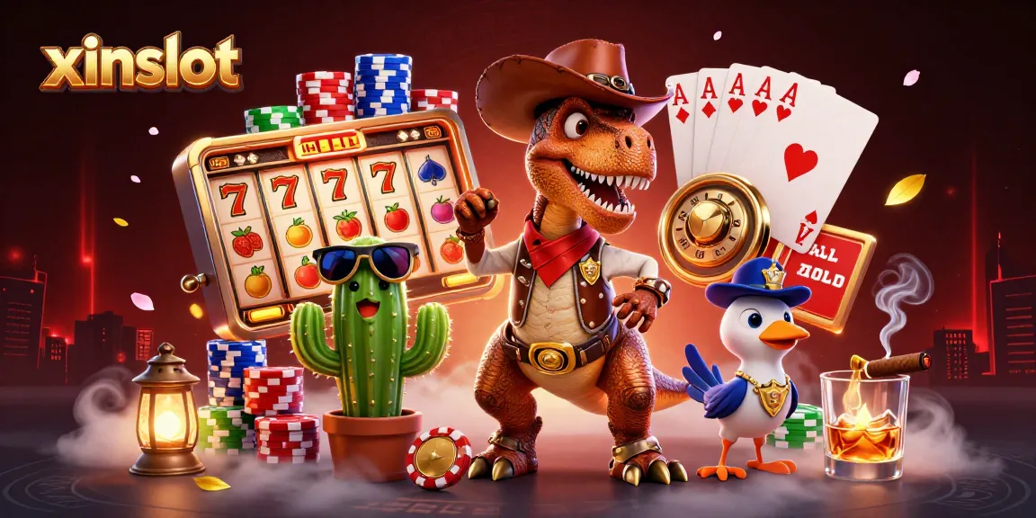 XINSLOT offers a thrilling gaming experience with vibrant slot reels and characters in a dynamic casino setting.