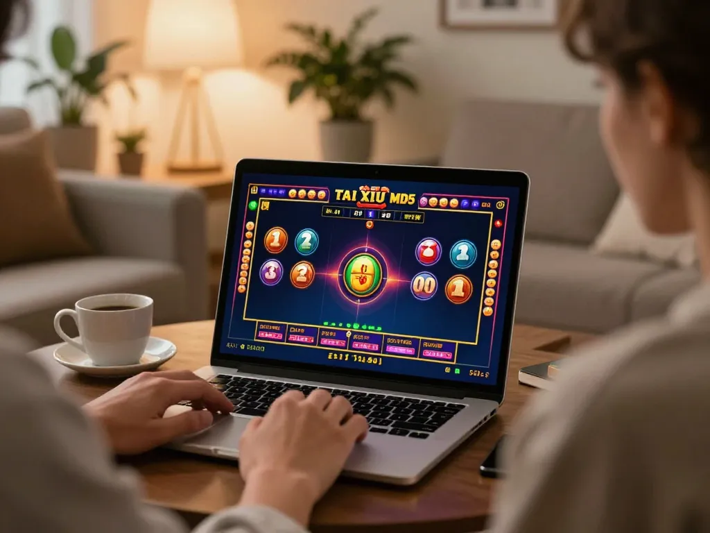 Player engaging in Tai Xiu MD5 online game using a laptop in a cozy living room setting.