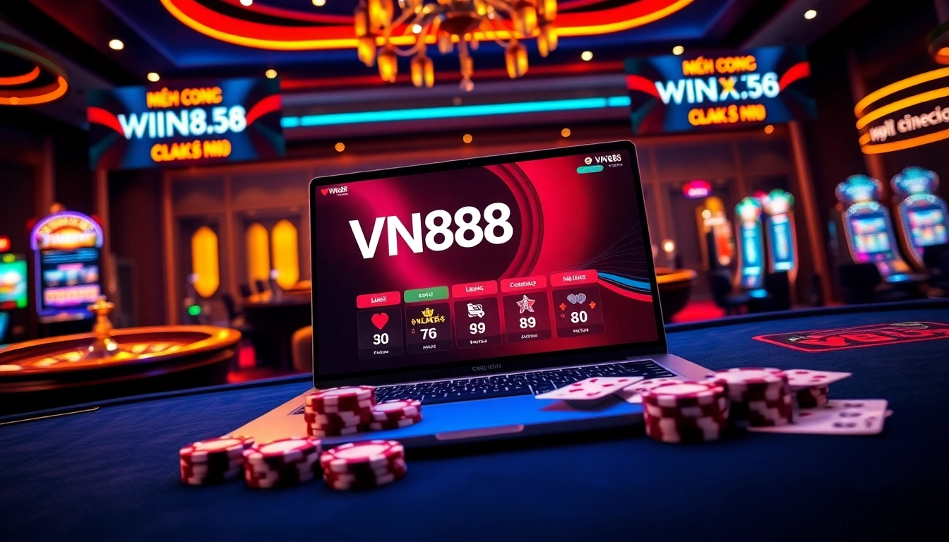Experience the thrill of gambling with VN88 link mới, featuring a vibrant casino atmosphere and gaming elements.