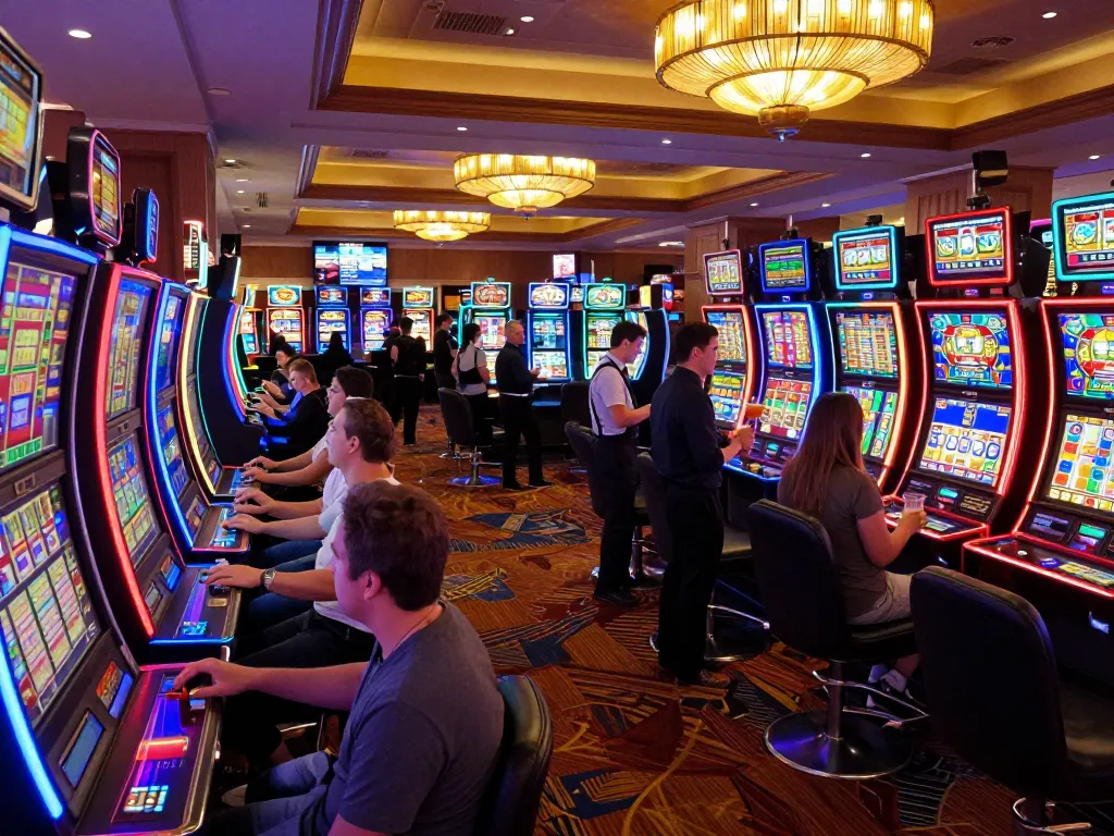 Players engaging with colorful slot machines in a lively casino atmosphere