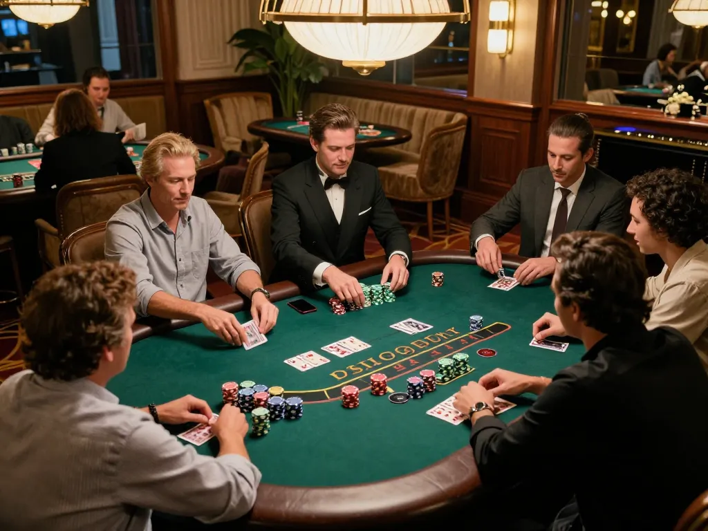 Players enjoying a strategic game of blackjack at Fokus77, showcasing vibrant chips and dealer action.