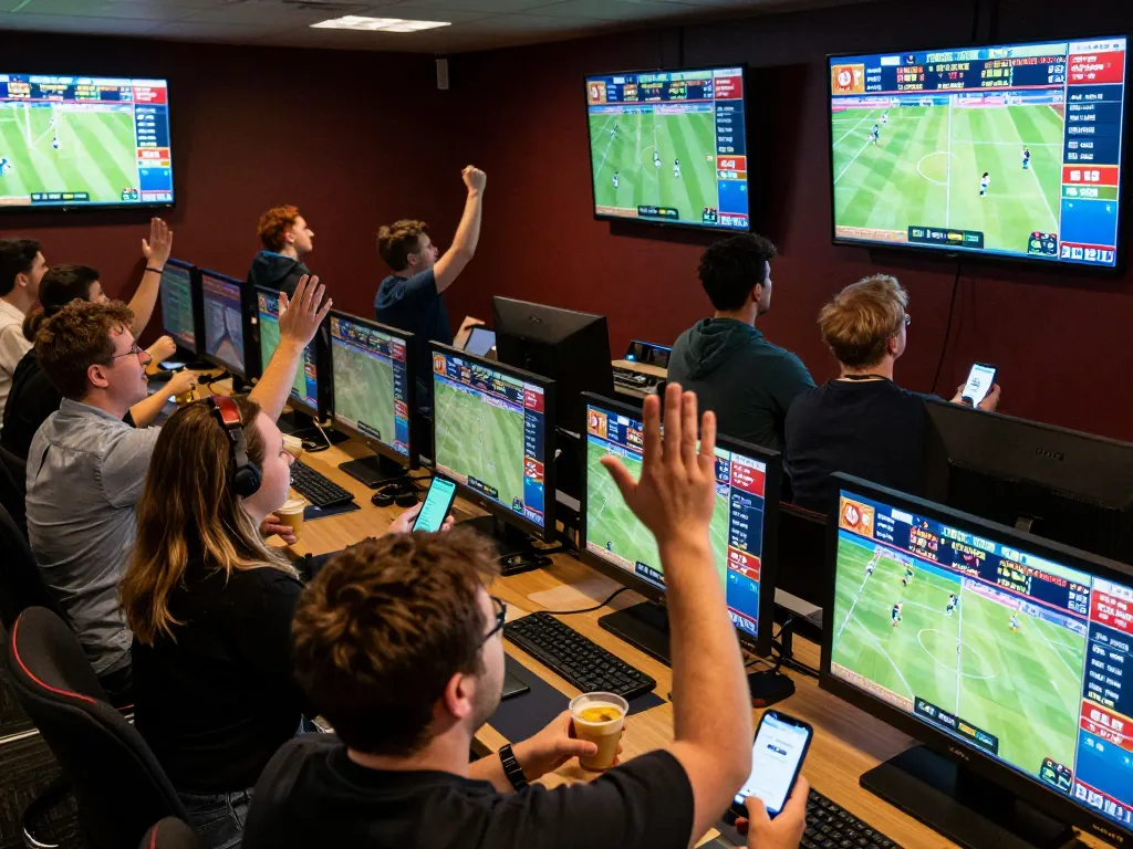 Fans eagerly placing bets in a vibrant sports betting room, showcasing kèo nhà cái hôm nay in action.