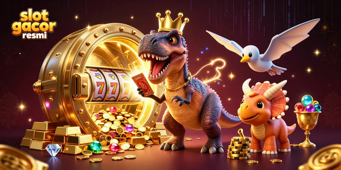 Gambarkan slot gacor resmi dalam ilustrasi 3D yang menyajikan dinosaurus bermain kartu sambil dikelilingi harta karun.