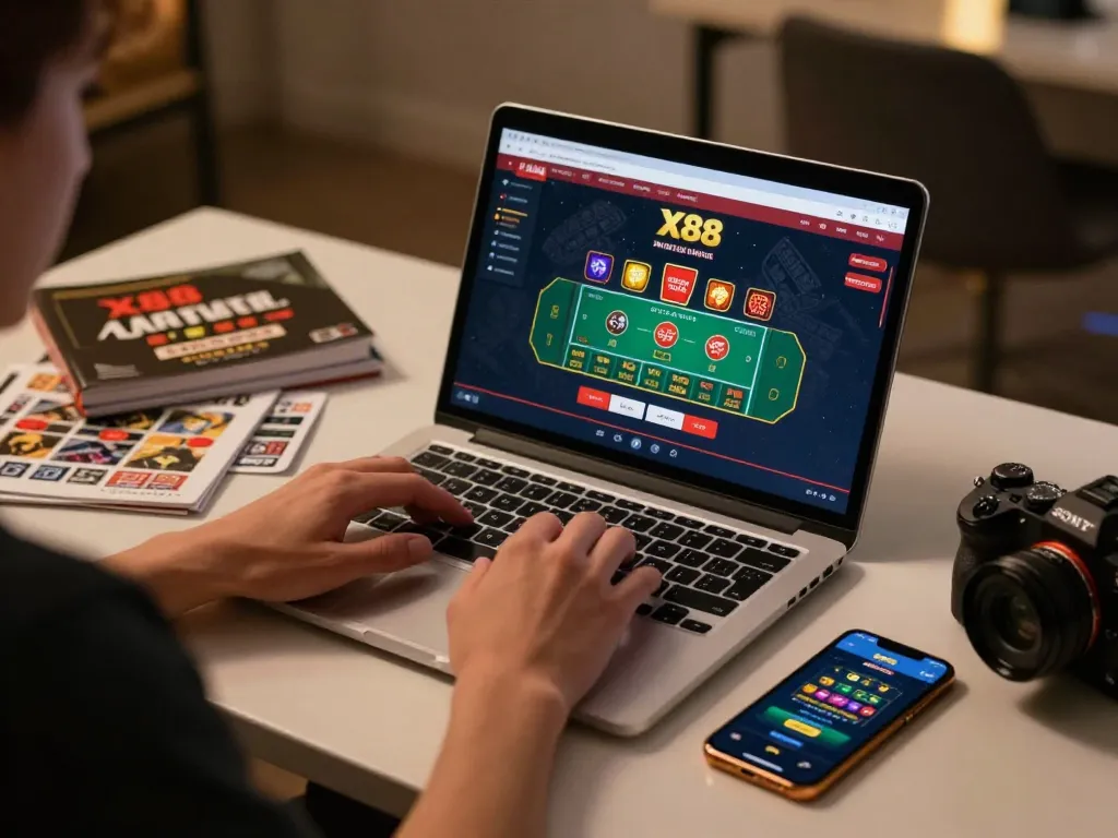 Engaging in live blackjack on https://x88.design/ with laptop and smartphone showcasing online casino games.