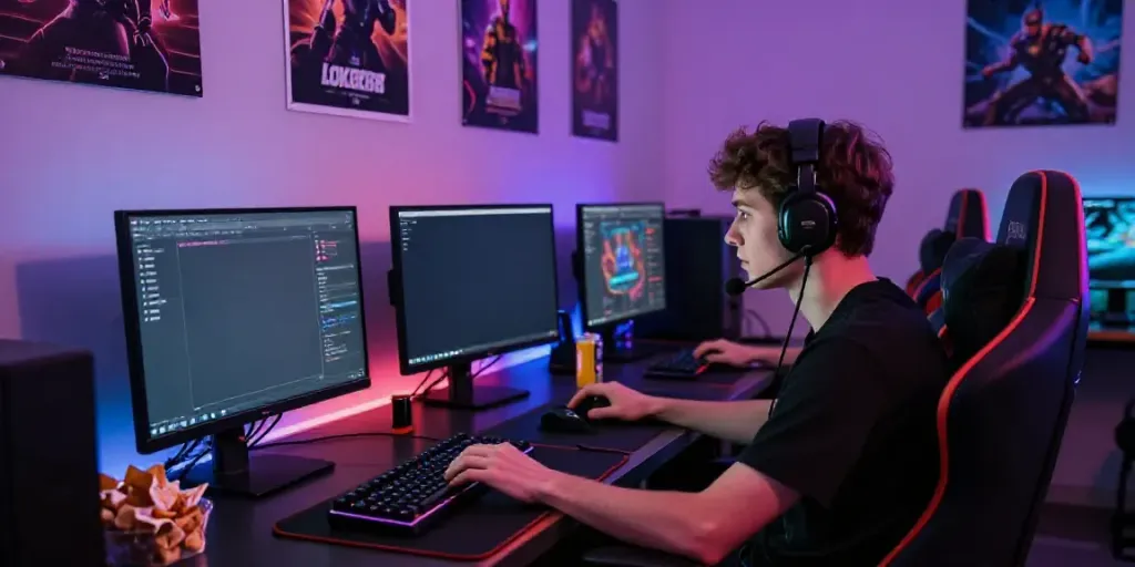 Player engaged with loket88 gaming interface in a vibrant gaming setup.