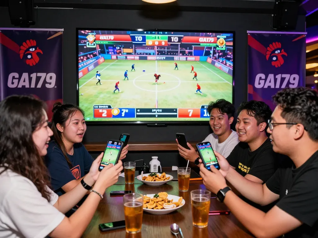 Exciting live betting experience at https://ga179i.com/ with friends enjoying cockfighting matches and vibrant sports bar atmosphere.