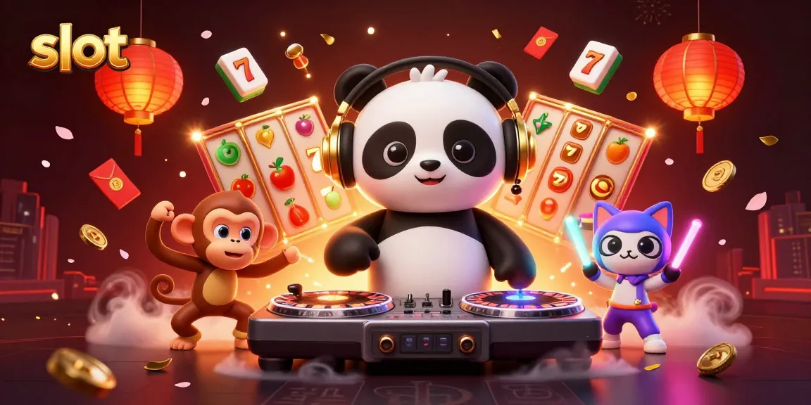 Spin the slot reels with a DJ panda, vibrant gaming elements, and jackpot scenes for a thrilling casino experience.