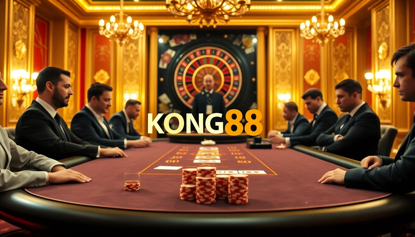KONG88 casino scene with poker players, chips, cards, and a roulette wheel in a luxurious setting.