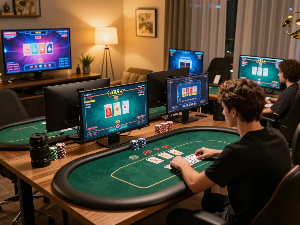 KJC players strategizing their game during an online poker session