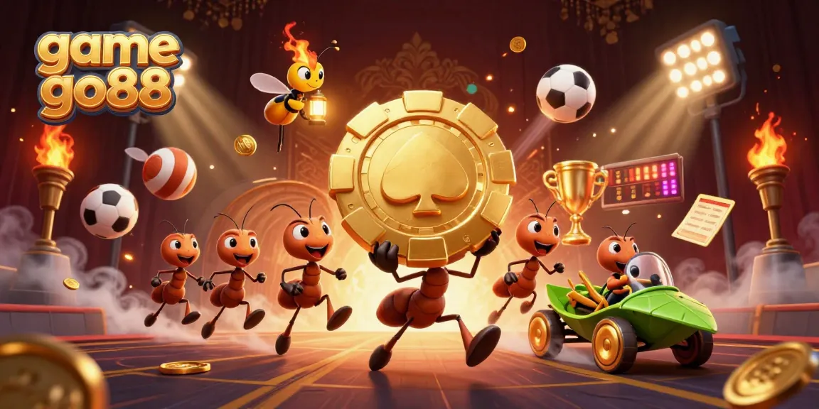 Game go88 illustration depicting animated ants heisting a large poker chip amidst dynamic sports elements.