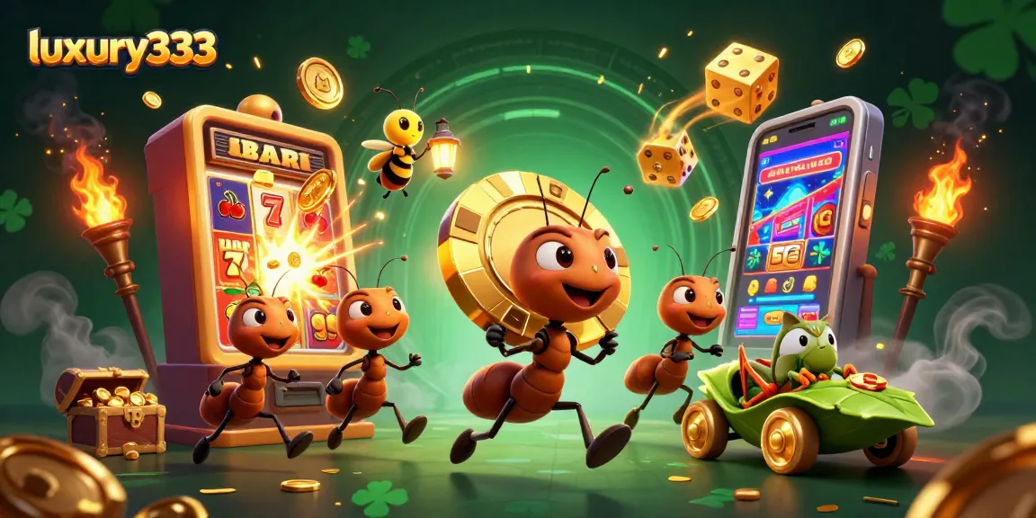 Menangkan chip poker emas raksasa di luxury333 dengan komplot semut cerdas dalam ilustrasi kasino 3D.