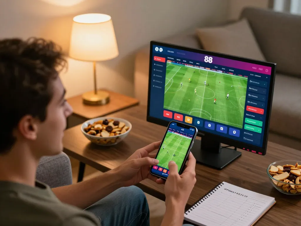 Engaging sports betting interface on open 88 app while user places bet from home couch