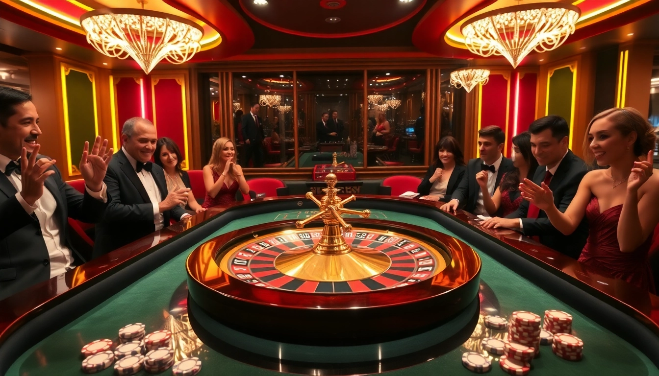 Exciting casino scene showcasing rr 88 with a luxurious roulette table, poker chips, and vibrant atmosphere.