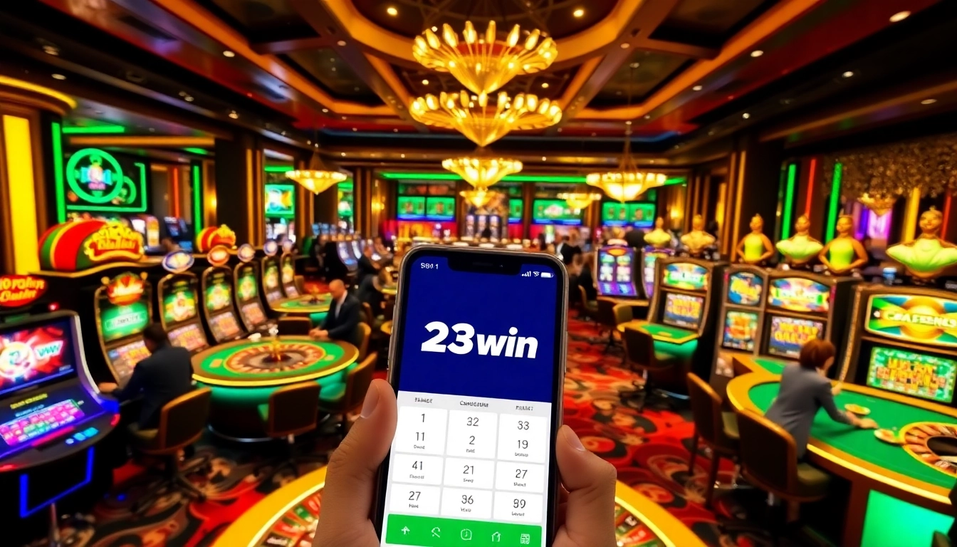 Experience the excitement of 23win with players enjoying various casino games in a vibrant setting.