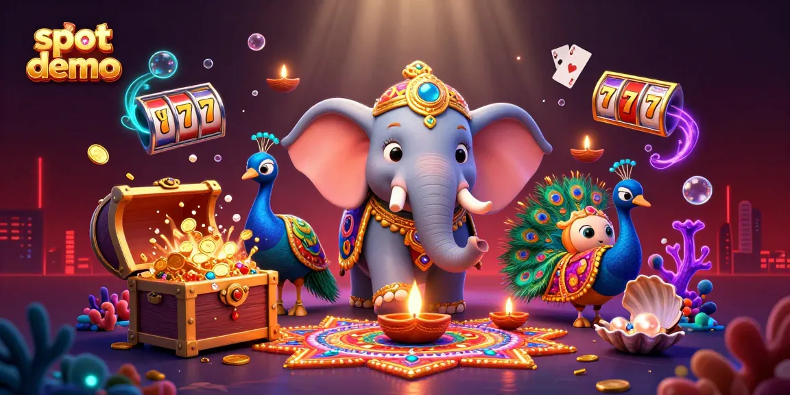 Slot demo bermain seru dengan berbagai elemen kasino, termasuk simbol jackpot dan kartu bermain yang menari.