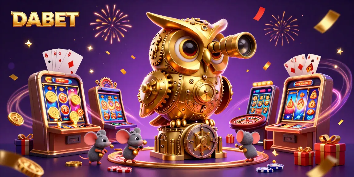 DABET brings excitement to casino gaming with a lively 3D scene of an owl, wind-up mice, and slot games.