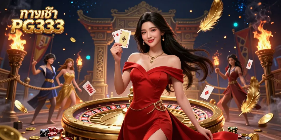 Experience the excitement of ทางเข้า PG333 with a stunning young Asian woman at a vibrant casino scene.