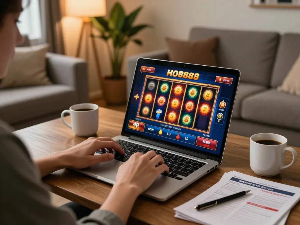 Engaging in slot88 gameplay on a laptop with exciting graphics in a cozy home setting.