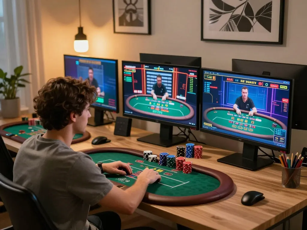 Engaging online gaming session illustrating a player strategizing in slot depo 5k, with multiple screens displaying casino games.