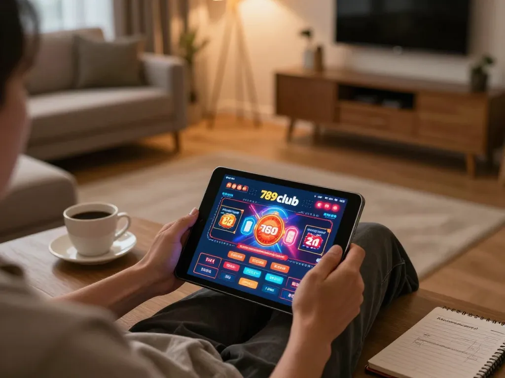 Player engaging with 789club online casino app on tablet during evening leisure time, showcasing comfortable home gambling