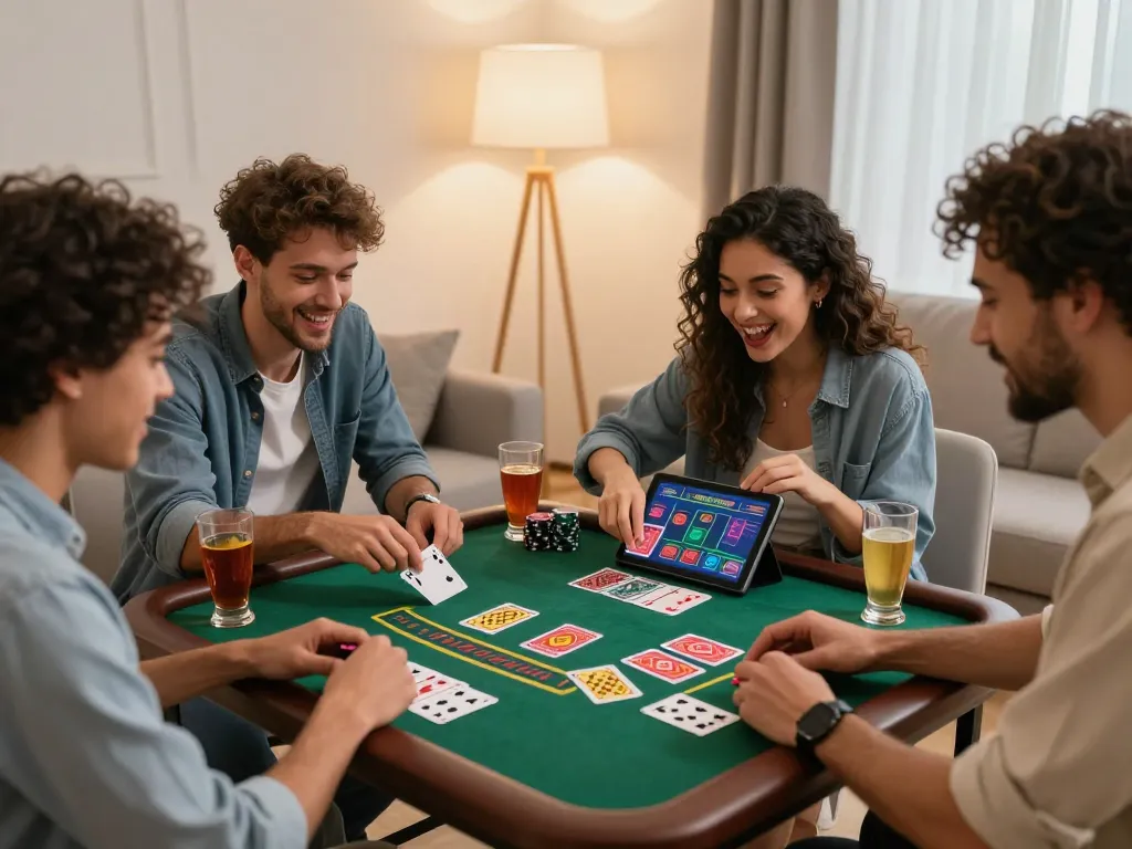 Bangsawan88 players enjoying a vibrant blackjack game on tablet in a cozy living room