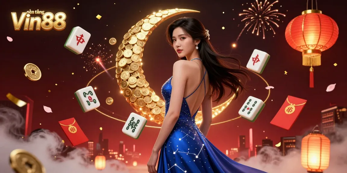 Engage with the vibrant world of nền tảng Vin88 through this stunning 3D digital illustration showcasing a captivating Asian woman amidst a flurry of casino elements.