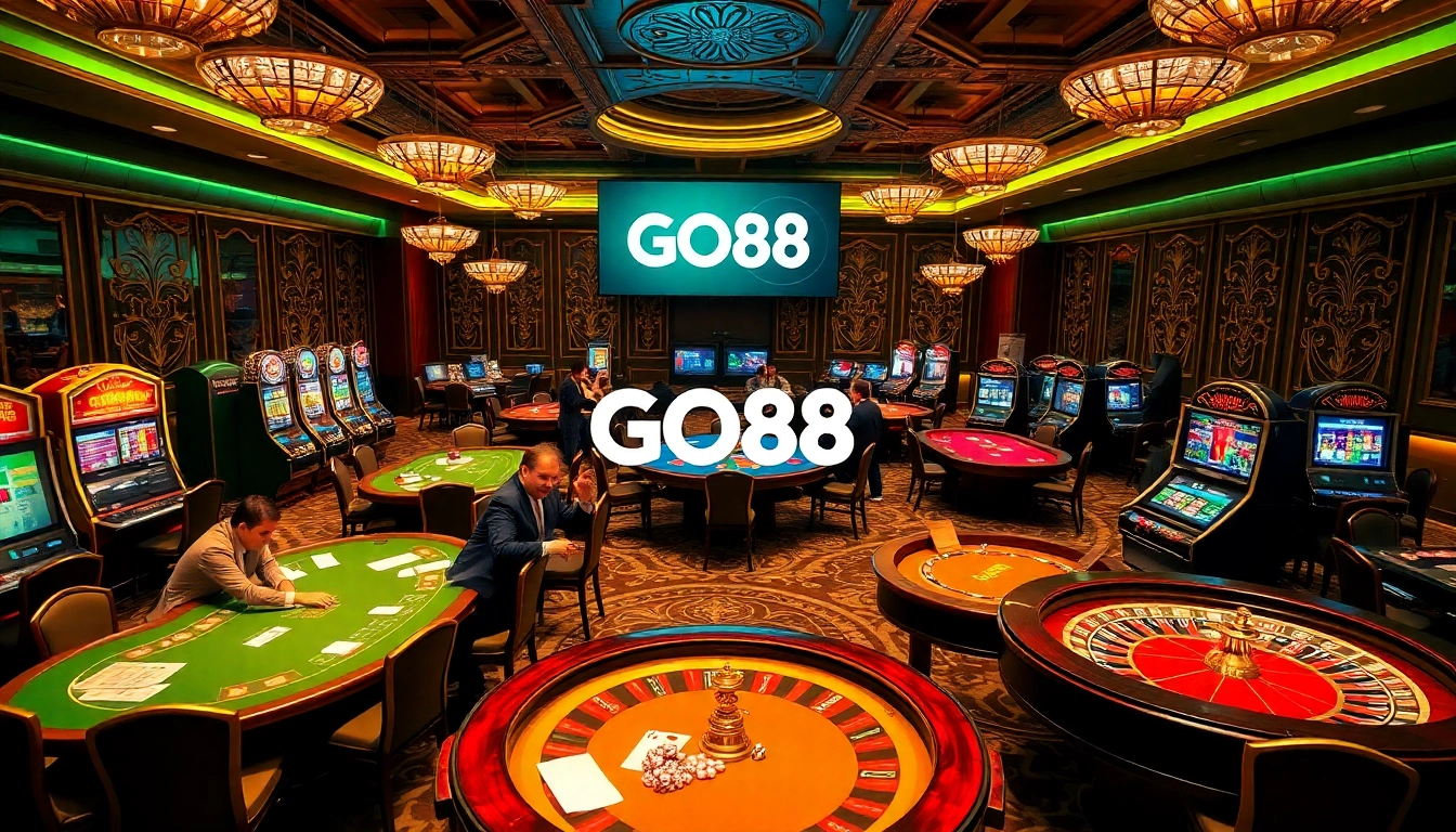 Exciting gaming atmosphere at Cổng Game GO88 with players engaging at poker and slot machines.