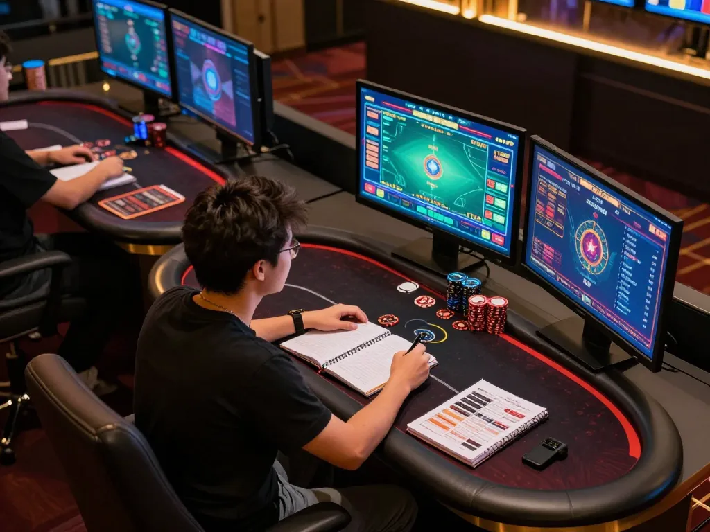 Player strategizing for winning at 100vip online gambling setup with multiple screens.