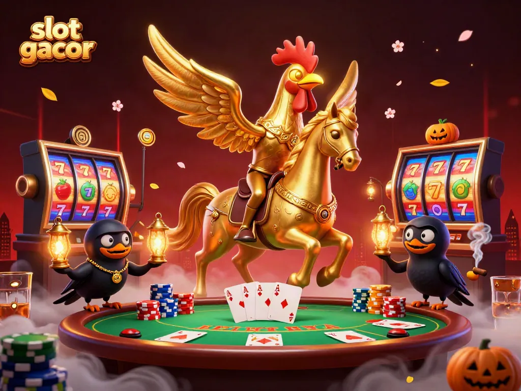 Slot gacor bermain di kasino malam dengan simbol permainan yang memukau dan karakter menarik.