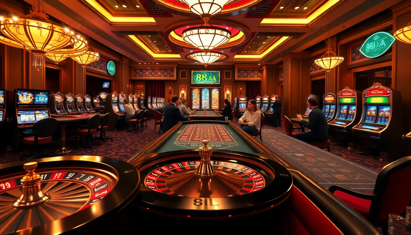 Experience the exciting atmosphere of 88aa casino with vibrant gambling tables and players engaged in thrilling games.