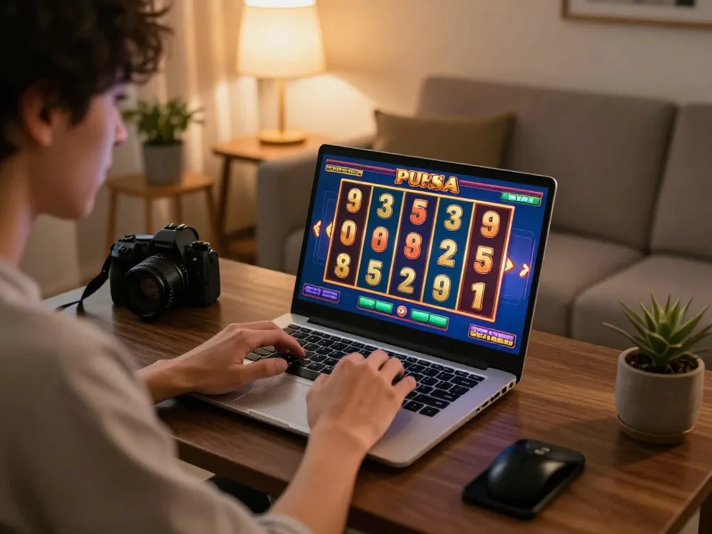 Engaging with slot pulsa game on laptop in a cozy home setting, showcasing exciting gameplay.