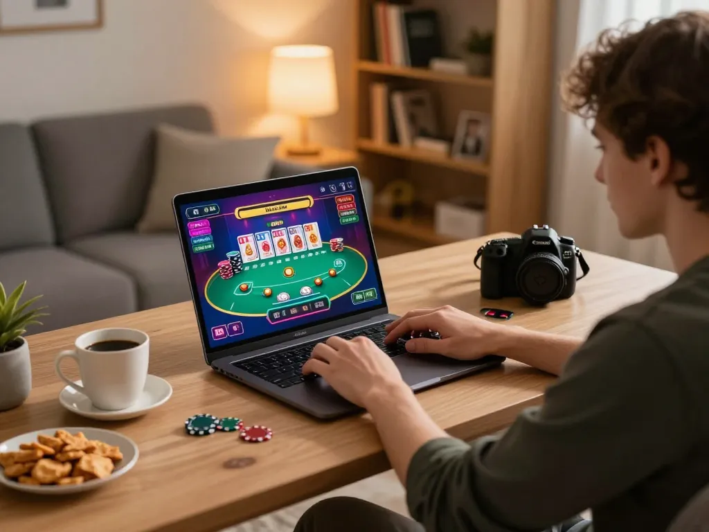 Engaging with m105 in online poker from a stylish home setup, showcasing modern gaming.